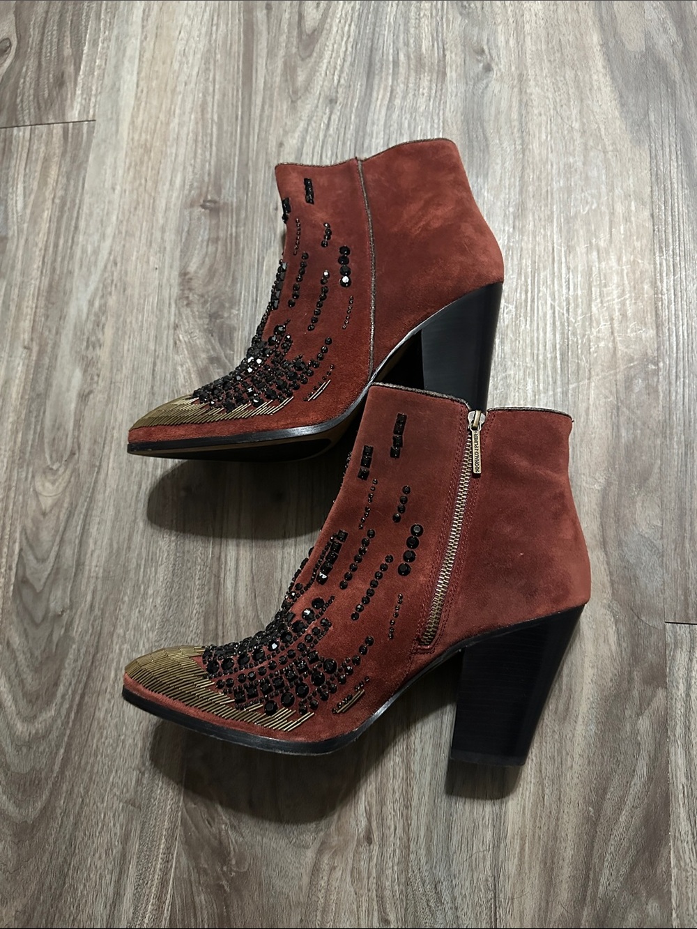 Donald J. Pliner Rust Suede Embellished Ankle Boots with Gold Toe - Picture 11 of 12